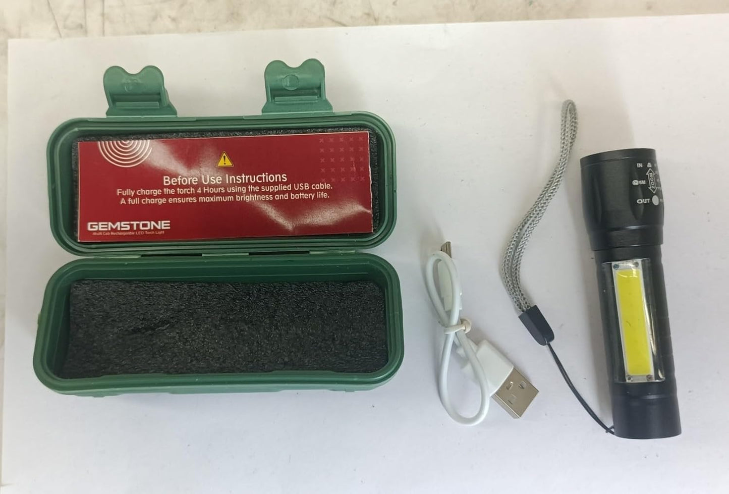 Gemstone Portable Handy Rechargeable COB LED Torch Light with Adjustable Zoom Lens, 3 Light Modes, Aluminium Body, Lithium Iron Battery, USB Charging, SOS Warning Signal Pack of 1