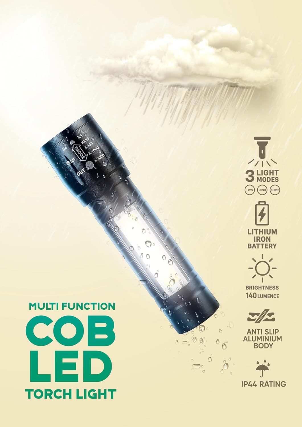 Gemstone Rechargeable COB LED Torch Light with Adjustable Zoom Lens, 3 Light Modes, 140 Lumens, IP44 Waterproof, Aluminium Body, Lithium Iron Battery, USB Charging, SOS Warning Signal Pack of 1